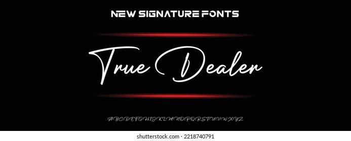 True Dealer Hand gezeichnet kalligraphische Vektormonoline Schriftart. Signaturbriefe für Notfälle. Moderner Schriftzeichen-Kalligrafietyp. ABC Typografie lateinische Beschriftung Alphabet.