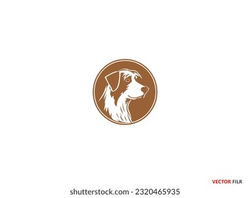 True Dog Friend logo design template. Graphic sitting puppy logotype, sign and symbol. Pet silhouette label illustration isolated on background. Modern animal badge for veterinary clinic, pet food