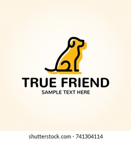 True Dog Friend logo design template. Graphic sitting puppy logotype, sign and symbol. Pet silhouette label illustration isolated on background. Modern animal badge for veterinary clinic, pet food