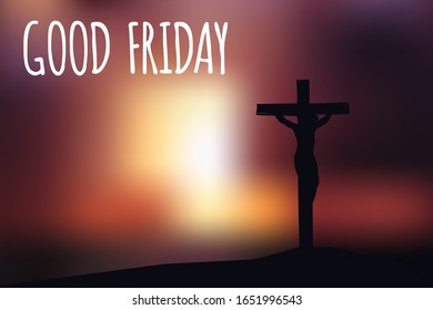 True Easter scene: cross on dramatic sunset scene, with text "Good friday". Horizontal oriented, vector illustration,  transparency and gradient meshes.