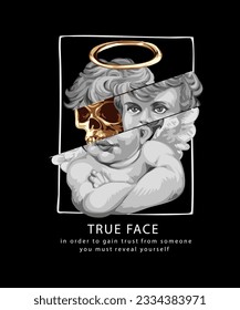 true face slogan with golden skull in black and white angel vector illustration on black background