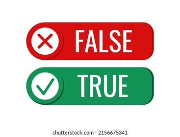 True Fact And False Myth Icon Vector Set. Truth Or Fiction With Check Mark And Cross In Circle Button Isolated On White Background. Flat Design Cartoon Style Illustration.