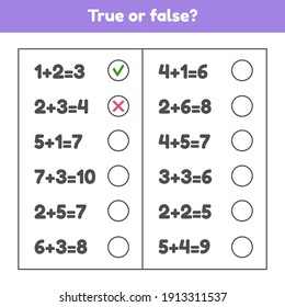 True or false. Addition. Educational math game for kids preschool and school age. Vector illustration.