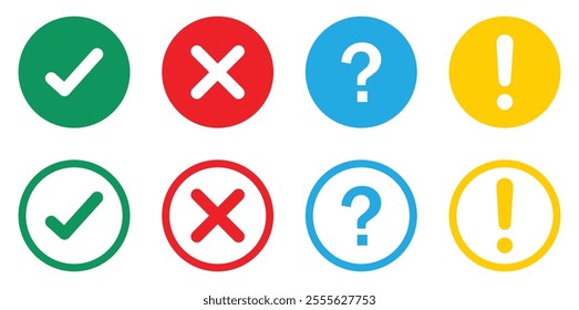 True and false button, tick or cross sign, exclamation mark and question mark vector icons set in different color. Checklist icon collection. Outline and flat design. Vector illustration.