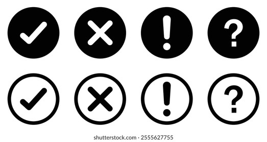 True and false button, tick or cross sign, exclamation mark and question mark vector icons set in black color. Checklist icon collection. Outline and flat design. Vector illustration.