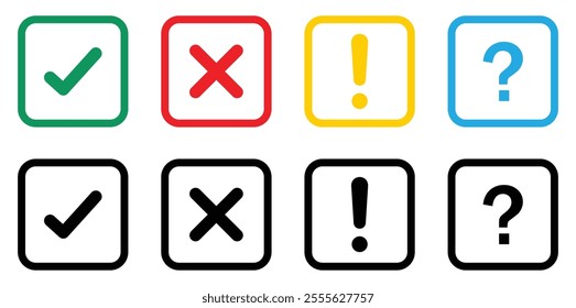 True and false button, tick or cross sign, exclamation mark and question mark vector icons set in different color. Checklist icon collection. Outline and flat design. Vector illustration.