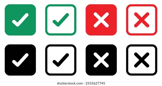 True and false button vector icon set with different color. Tick mark and cross mark icon set. Cross mark and Check mark vector icon set. Right and wrong button. Flat design. Vector illustration.