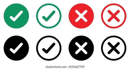 True and false button vector icon set with different color. Tick mark and cross mark icon set. Cross mark and Check mark vector icon set. Right and wrong button. Vector illustration.