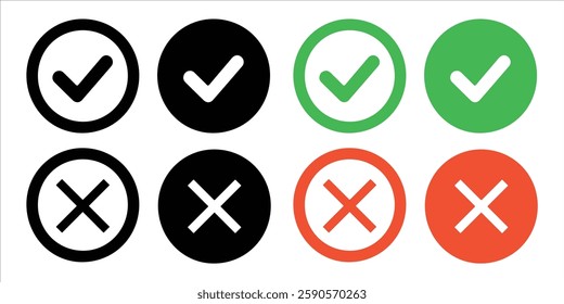 True and false button vector on white background. circle right and wrong icon set on white background