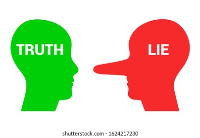 True and false concept of green man head silhouette with Truth inscription opposite red deceiver face with long nose and Lie wording. Vector illustration