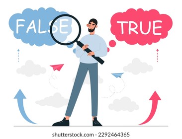 True and false concept. Man with magnifying glass checks information. Analysis of news from media. Character thinking or comparing between myth and fact. Cartoon flat vector illustration