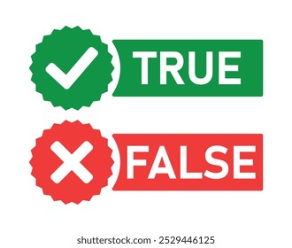 Cuadro de diálogo verdadero y falso con marca y cruz, marca correcta e incorrecta en color verde y rojo. Icono de casilla de verificación con el símbolo correcto e incorrecto con Botones falsos verdaderos.