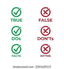 true, false, do's, don'ts, facts, myths symbol with grunge effect