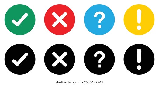 True and false, exclamation mark and question mark vector icons set in different color. Exclamation points and question mark icon collection. Silhouette and flat design. Vector illustration.