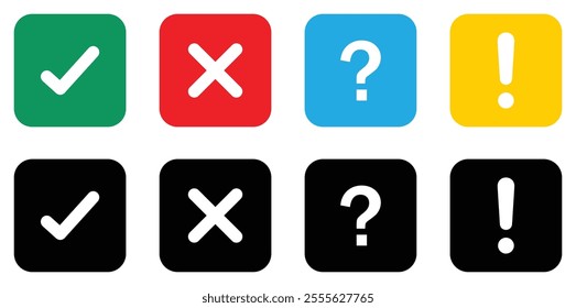 True and false, exclamation mark and question mark vector icons set in different color. Exclamation points and question mark icon collection. Silhouette and flat style. Vector illustration.