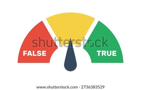 true false gauge with red left and green right sectors vector icon, truth lies scale, indicator in yellow neutral zone