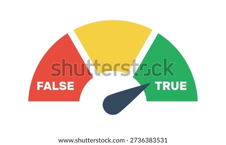 true false gauge with red left and green right sectors vector icon, truth lies scale, indicator in green true zone