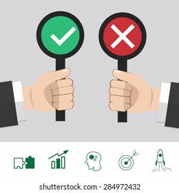 True and False hand. flat design. vector illustration. positive and negative.