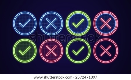 True or false icons set, bright neon visuals.