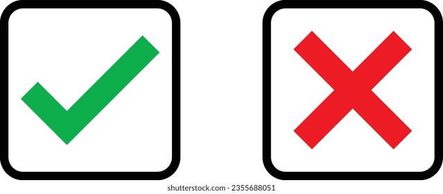 True or false icons in square . Green tick symbol and red cross sign . Vector