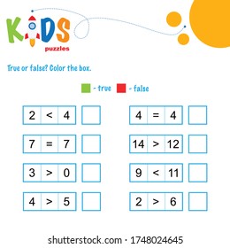 True or false math worksheet. Comparing numbers worksheet. Easy worksheet, for children in preschool, elementary and middle school.