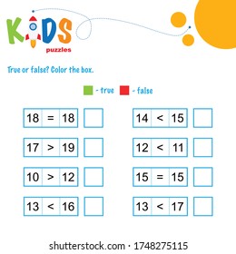 True or false math worksheet. Comparing numbers worksheet. Easy worksheet, for children in preschool, elementary and middle school.