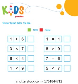 True or false math worksheet. Comparing numbers worksheet. Easy worksheet, for children in preschool, elementary and middle school.