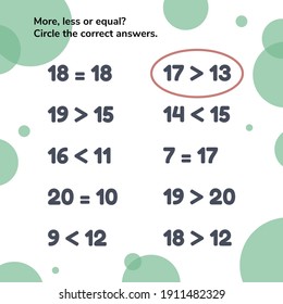 True Or False. More, Less Or Equal. Educational Math Game For Kids Preschool And School Age. Vector Illustration.