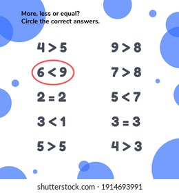 True Or False. More, Less Or Equal. Educational Math Game For Kids Preschool And School Age. Vector Illustration.