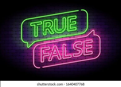 True and false neon sign with speech bubbles on a brick wall.  Vector illustration for facts or myths.