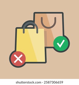 true and false shopping bag with outline flat vector design.