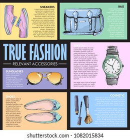 TRUE FASHIN. Set of fashion accessories. Sketch style. Vector collection.