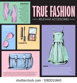 TRUE FASHIN. Set of fashion accessories. Sketch style. Vector collection.