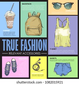 TRUE FASHIN. Set of fashion accessories. Sketch style. Vector collection.