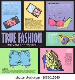 TRUE FASHION. Set of fashion accessories. Sketch style. Vector collection.