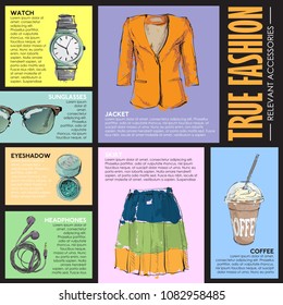 TRUE FASHION. Set of fashion accessories. Sketch style. Vector collection.