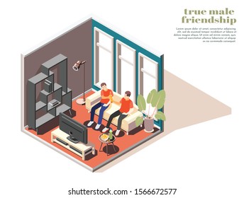 True friendship 3d composition with two male characters sitting on sofa drinking beer in front of tv isometric vector illustration