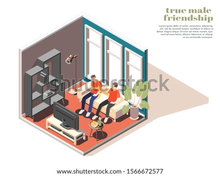 True friendship 3d composition with two male characters sitting on sofa drinking beer in front of tv isometric vector illustration