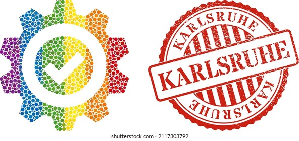 True gear collage icon of circle spots in variable sizes and rainbow bright color hues. Red round grunge seal imprint with Karlsruhe caption. A dotted LGBT- colored true gear for lesbians, gays,