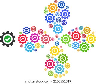 True gear icon colored explosion flower with four petals shape. Object flower with four petals combined from scattered true gear items. Vector flower icon collage in flat style.