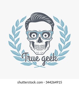 True geek skull vector with hipster glasses and laurel leafs. Crazy deadman insignia template. Smiling skeleton badge design. Jolly student label.