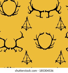 True gothic seamless background with deer`s horns and twigs pyramid decoration. Hand drawn theme for illustration, cover or wallpaper