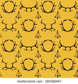 True gothic seamless background with different deer`s horns and twigs pyramid decoration. Hand drawn theme for illustration, cover or wallpaper