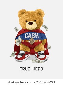 true hero sloga nwith bear doll in cash super hero costume vector illustration