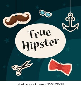 True Hipster Title. Different Objects on Background: Mustache, Glasses, Anchor, Scissors and Bow Tie. Colorful Illustration
