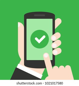 True icon on smartphone screen. Hand holding smartphone, finger touching screen. Answer the call. Modern concept for web banners, web sites, infographics. Flat design vector illustration.