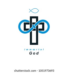 True Infinite Christian Belief in God, vector creative symbol design, combined with infinity eternal loop and Christian Cross, vector logo or sign.