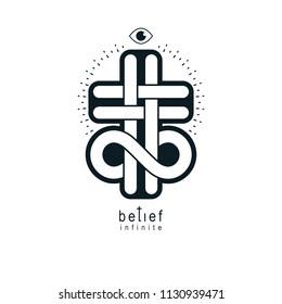 True Infinite Christian Belief in God, vector creative symbol design, combined with infinity eternal loop and Christian Cross, vector logo or sign.