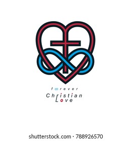 True Infinite Christian Love and Belief in God, vector creative symbol design, combined with infinity eternal loop and Christian Cross, vector logo or sign.