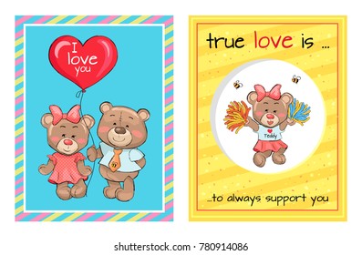 True love is an always support, lovely teddy girl in cheerleading and pair of bears going to present balloon with text I love you vector Valentines Day